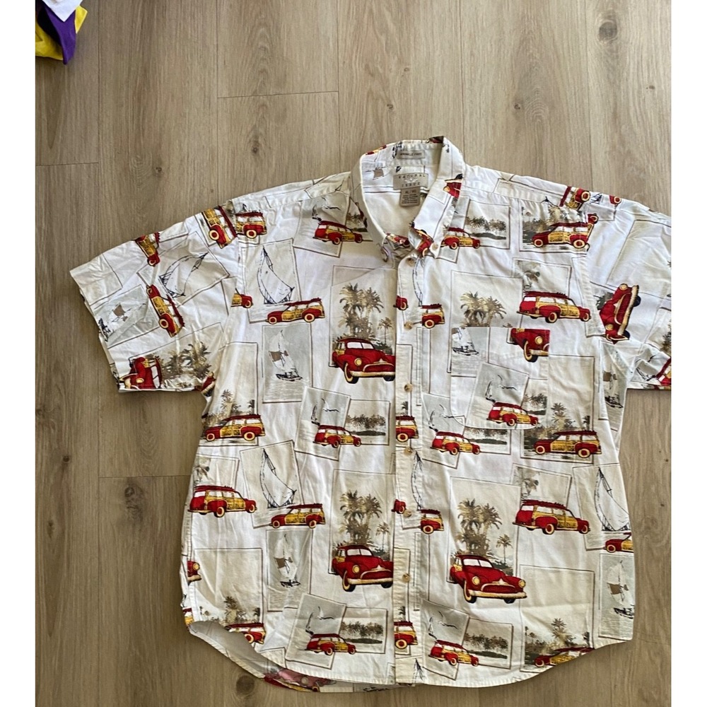 Natural Issue Mens XL Cotton Classic Car Novelty Print Shirt Beige Short Sleeve